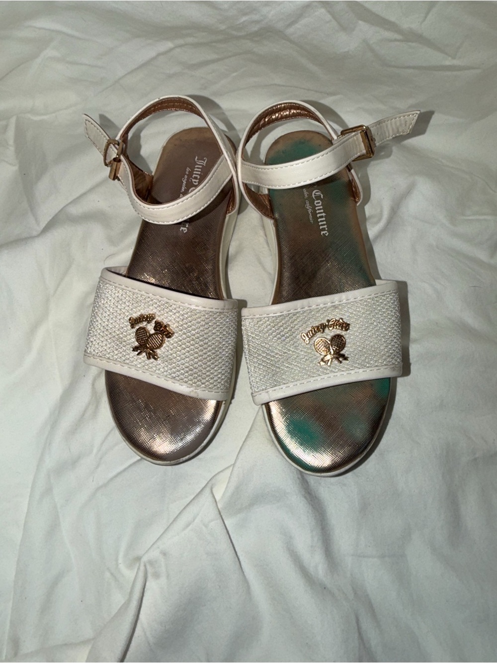 Juicy Couture White Sandals with Gold Logo Accents